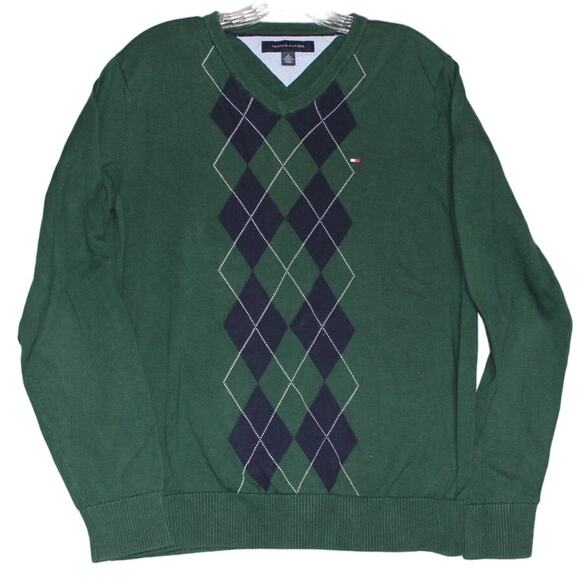 Tommy Hilfiger Sweater Mens Medium Green Argyle Long Sleeve V Neck Pullover - Picture 1 of 8